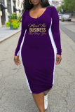 Purple Casual Print Patchwork V Neck Plus Size Dresses