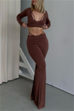 Brown Fashion Sexy Solid Hollowed Out O Neck Long Sleeve Two Pieces