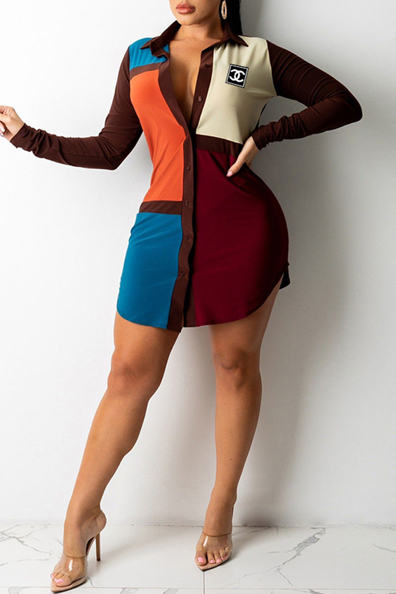 

Orange Fashion Street Geometric Split Joint Turndown Collar Dresses