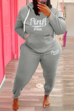 Pink Fashion Casual Letter Print Basic Hooded Collar Plus Size Two Pieces