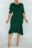 Green Casual Solid Patchwork O Neck Irregular Dress Dresses
