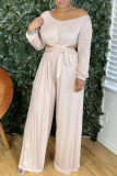 Nude Pink Casual Solid Bandage Patchwork O Neck Long Sleeve Two Pieces