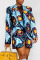 Blue Casual Print Patchwork Buttons Turn-back Collar Outerwear