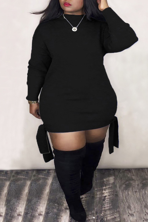 Black Fashion Casual Solid Bandage Half A Turtleneck Long Sleeve Plus Size Dresses
