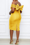 Yellow Sexy Solid Patchwork Fold With Bow Off the Shoulder One Step Skirt Dresses