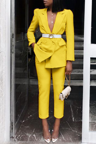 Yellow Casual Solid Patchwork Buckle Turn-back Collar Long Sleeve Two Pieces