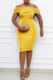 Yellow Sexy Solid Patchwork Fold With Bow Off the Shoulder One Step Skirt Dresses