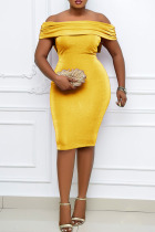 Yellow Sexy Solid Split Joint Fold With Bow Off the Shoulder One Step Skirt Dresses