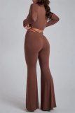 Brown Fashion Sexy Solid Hollowed Out O Neck Long Sleeve Two Pieces