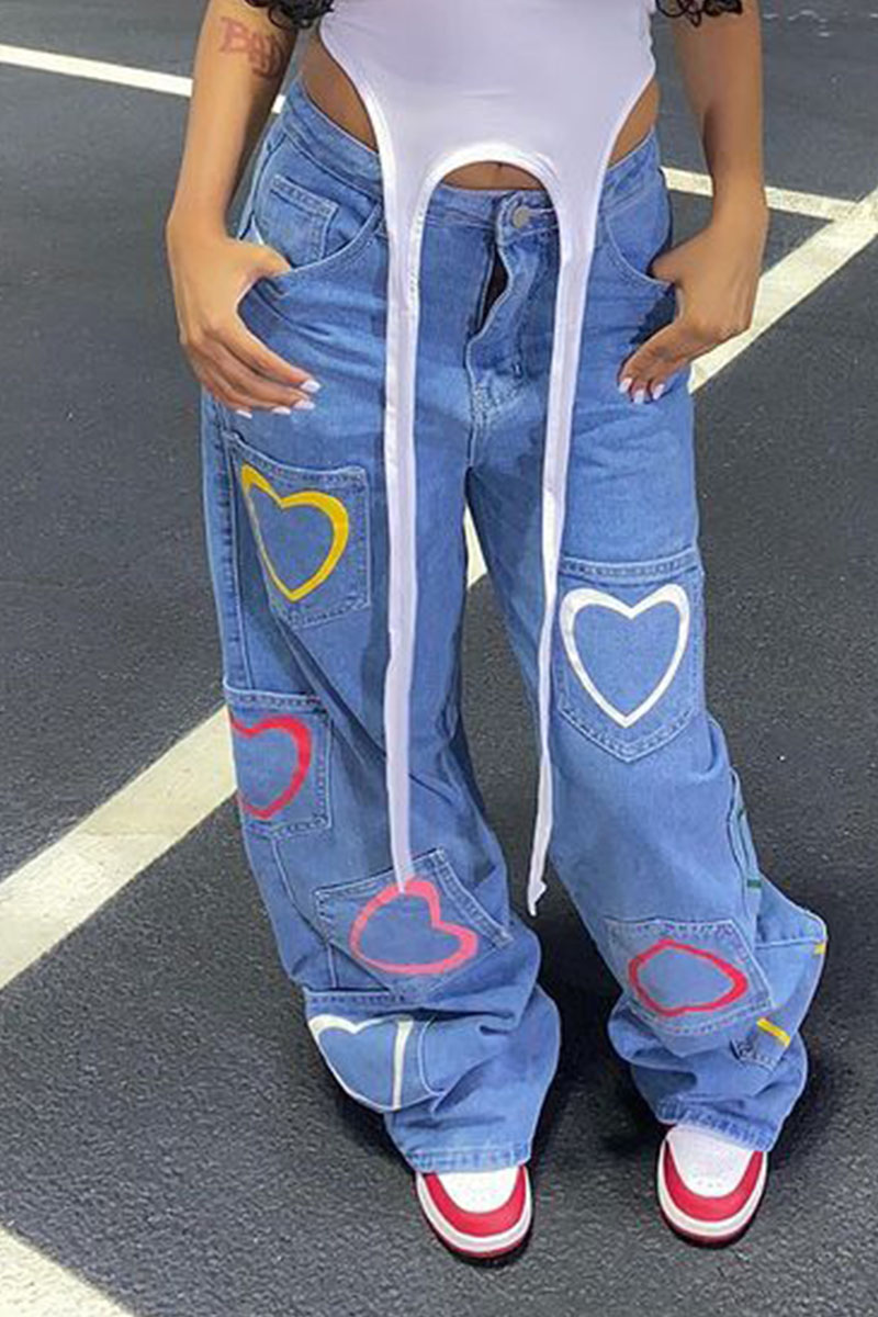 

Blue Casual Street Print Split Joint High Waist Straight Denim Jeans