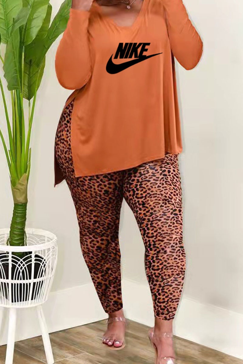 

Orange Fashion Casual Print Slit V Neck Plus Size Two Pieces