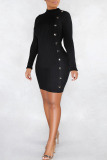 Black Sexy Solid Patchwork Buttons O Neck Pencil Skirt Dresses