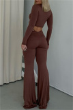 Brown Fashion Sexy Solid Hollowed Out O Neck Long Sleeve Two Pieces