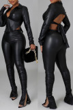 Black Sexy Solid Patchwork Buckle Slit Asymmetrical Turndown Collar Long Sleeve Two Pieces