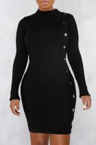 Black Sexy Solid Split Joint Buttons O Neck Pencil Skirt Dresses
