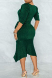 Green Casual Solid Patchwork O Neck Irregular Dress Dresses