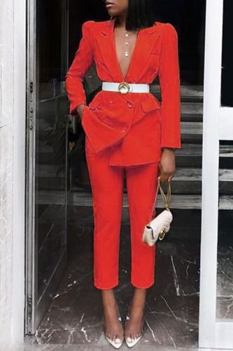 Red Casual Solid Patchwork Buckle Turn-back Collar Long Sleeve Two Pieces