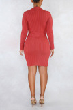 Red Sexy Solid Patchwork Buttons O Neck Pencil Skirt Dresses