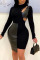 Black Sexy Solid Hollowed Out Split Joint Frenulum Asymmetrical O Neck One Step Skirt Dresses