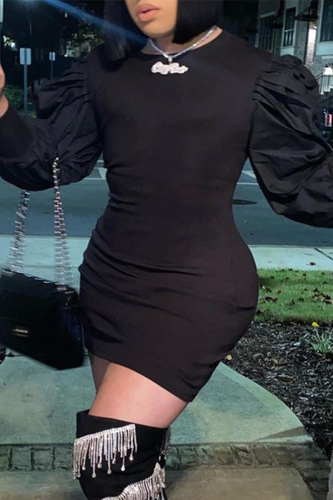 Black Fashion Casual Solid Basic O Neck Long Sleeve Dresses