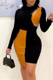 Coffee Sexy Solid Hollowed Out Split Joint Frenulum Asymmetrical O Neck One Step Skirt Dresses