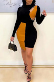 Yellow Sexy Solid Hollowed Out Split Joint Frenulum Asymmetrical O Neck One Step Skirt Dresses