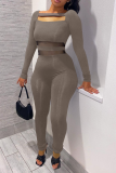 Grey Sexy Solid Mesh Square Collar Long Sleeve Two Pieces