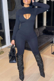 Black Fashion Casual Solid Hollowed Out Half A Turtleneck Skinny Jumpsuits