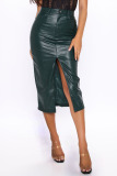 Ink Green Casual Solid Patchwork Pocket Slit Straight Straight Solid Color Bottoms