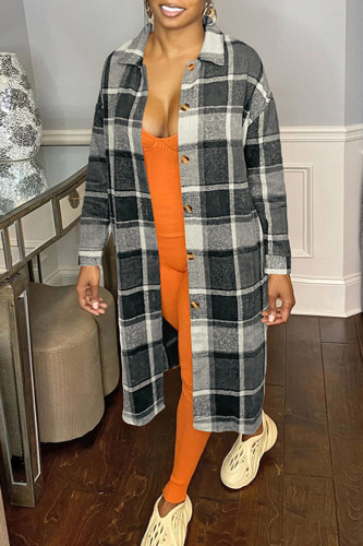 Grey Casual Plaid Patchwork Turndown Collar Outerwear
