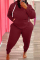Burgundy Fashion Casual Solid Basic Hooded Collar Plus Size Two Pieces