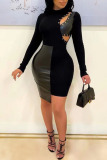 Coffee Sexy Solid Hollowed Out Split Joint Frenulum Asymmetrical O Neck One Step Skirt Dresses