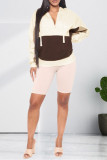 Apricot Fashion Casual Patchwork Basic Hooded Collar Tops