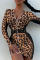 Leopard Print Sexy Print Solid Leopard Split Joint Zipper Collar Pencil Skirt Dresses