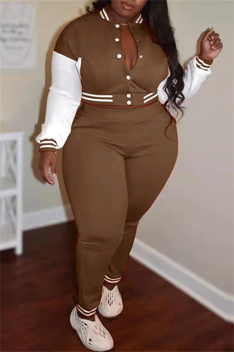 Coffee Fashion Casual Patchwork Cardigan Pants O Neck Plus Size Two Pieces