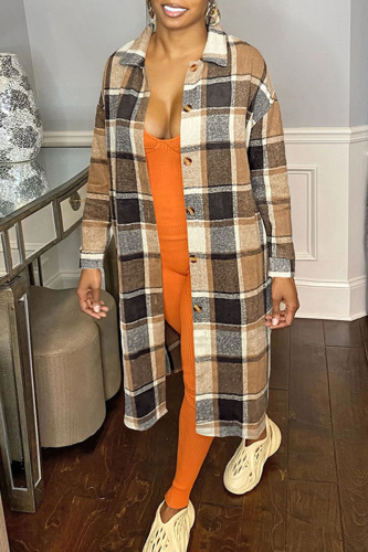 Coffee Casual Plaid Patchwork Turndown Collar Outerwear