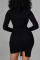 Black Sexy Solid Hollowed Out Split Joint Frenulum Asymmetrical O Neck One Step Skirt Dresses