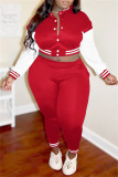 Red Fashion Casual Patchwork Cardigan Pants O Neck Plus Size Two Pieces