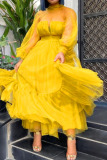 Yellow Sweet Elegant Solid Split Joint See-through O Neck A Line Dresses