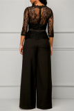 Black Fashion Casual Patchwork Solid See-through O Neck Regular Jumpsuits