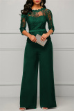 Green Fashion Casual Patchwork Solid See-through O Neck Regular Jumpsuits