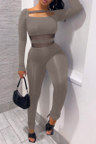 Grey Sexy Solid Mesh Square Collar Long Sleeve Two Pieces