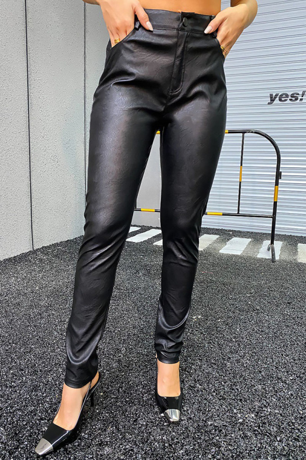 Black Casual Solid Patchwork Regular High Waist Pencil Solid Color Bottoms