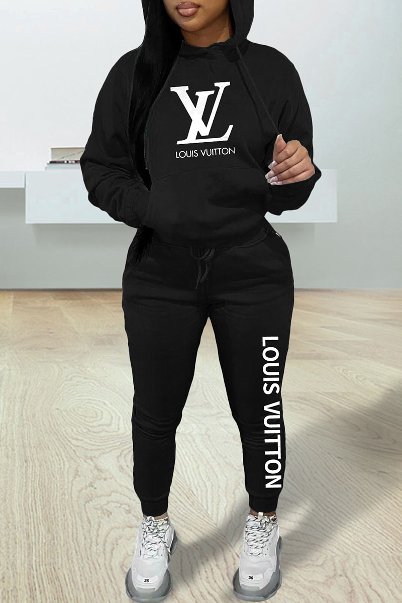 

Black Fashion Casual Print Letter Hooded Collar Long Sleeve Two Pieces