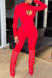 Red Fashion Casual Solid Hollowed Out Half A Turtleneck Skinny Jumpsuits