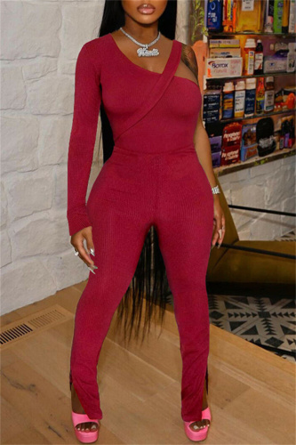 Red Fashion Casual Solid Patchwork Slit Oblique Collar Long Sleeve Two Pieces