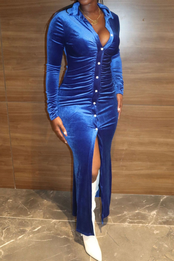 Royal Blue Fashion Casual Solid Buckle Fold Turndown Collar Long Sleeve Dresses