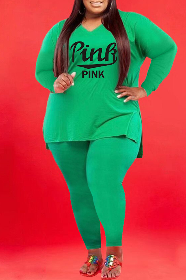 Green Fashion Casual Letter Print Slit V Neck Plus Size Two Pieces