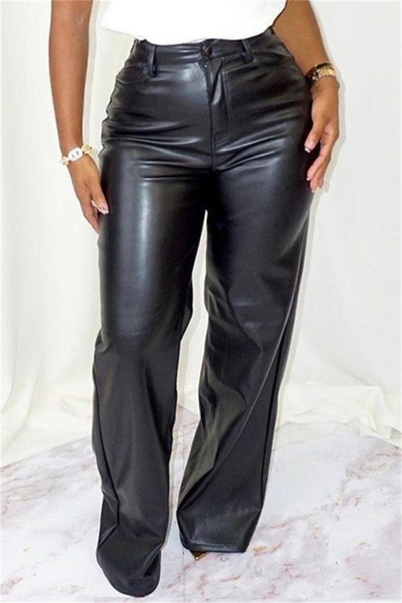 Black Fashion Casual Solid Basic Regular High Waist Straight Trousers