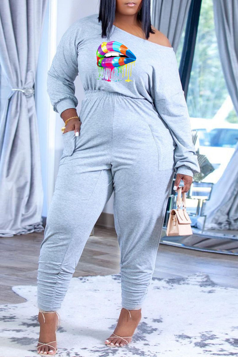 

Grey Casual Print Patchwork O Neck Long Sleeve Two Pieces